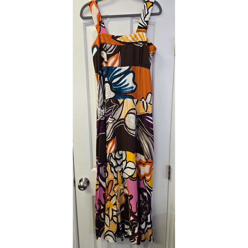 Womens Abstract Floral Smocked Back Maxi Dress Brown Orange Resortwear Boho S